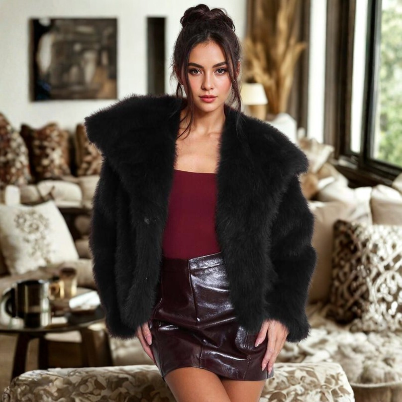Alice | Corrine - Classy Long Sleeve Collared Fuzzy Coat