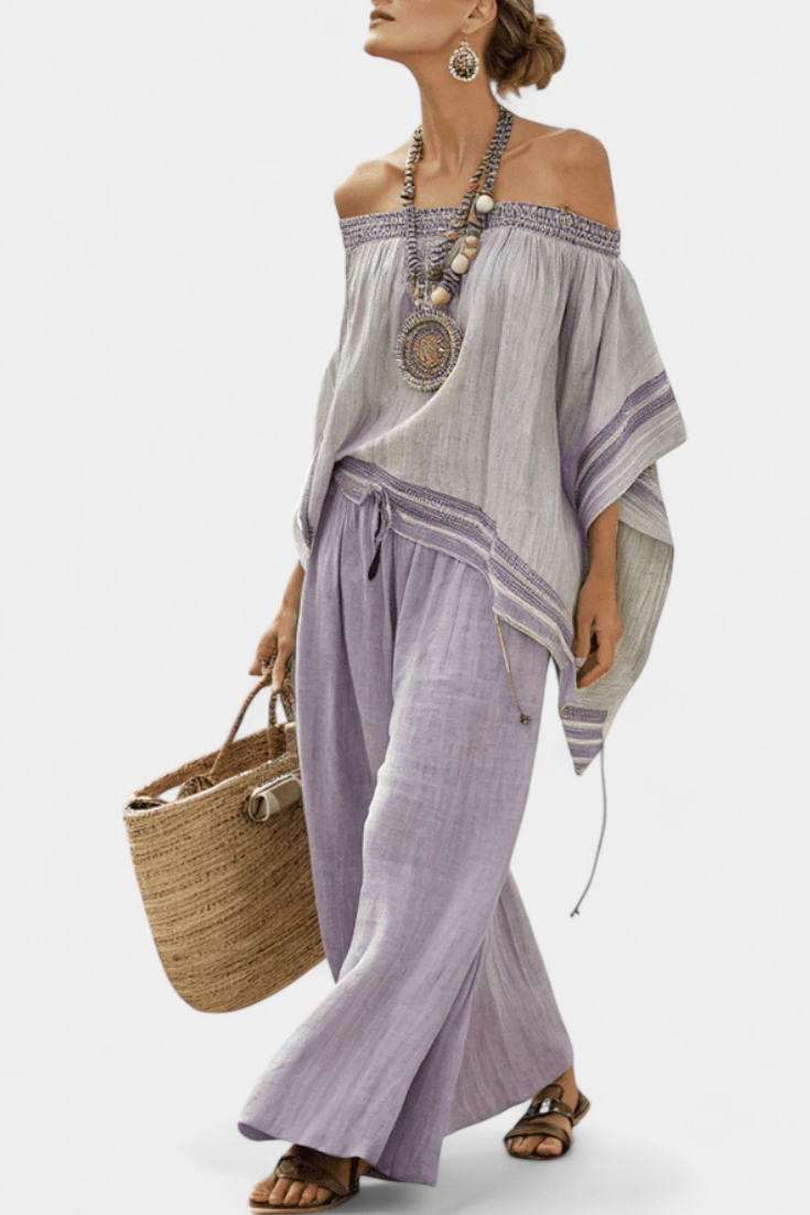 Alice | Elegant Off-Shoulder Top & Wide-Leg Striped Trousers
