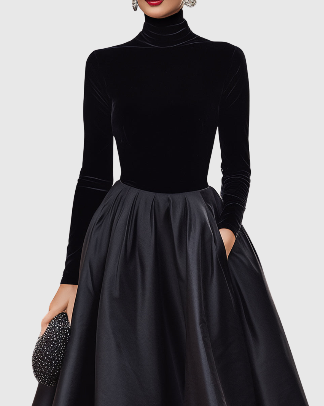 Alice | Elegant Black Velvet And Satin Midi Dress
