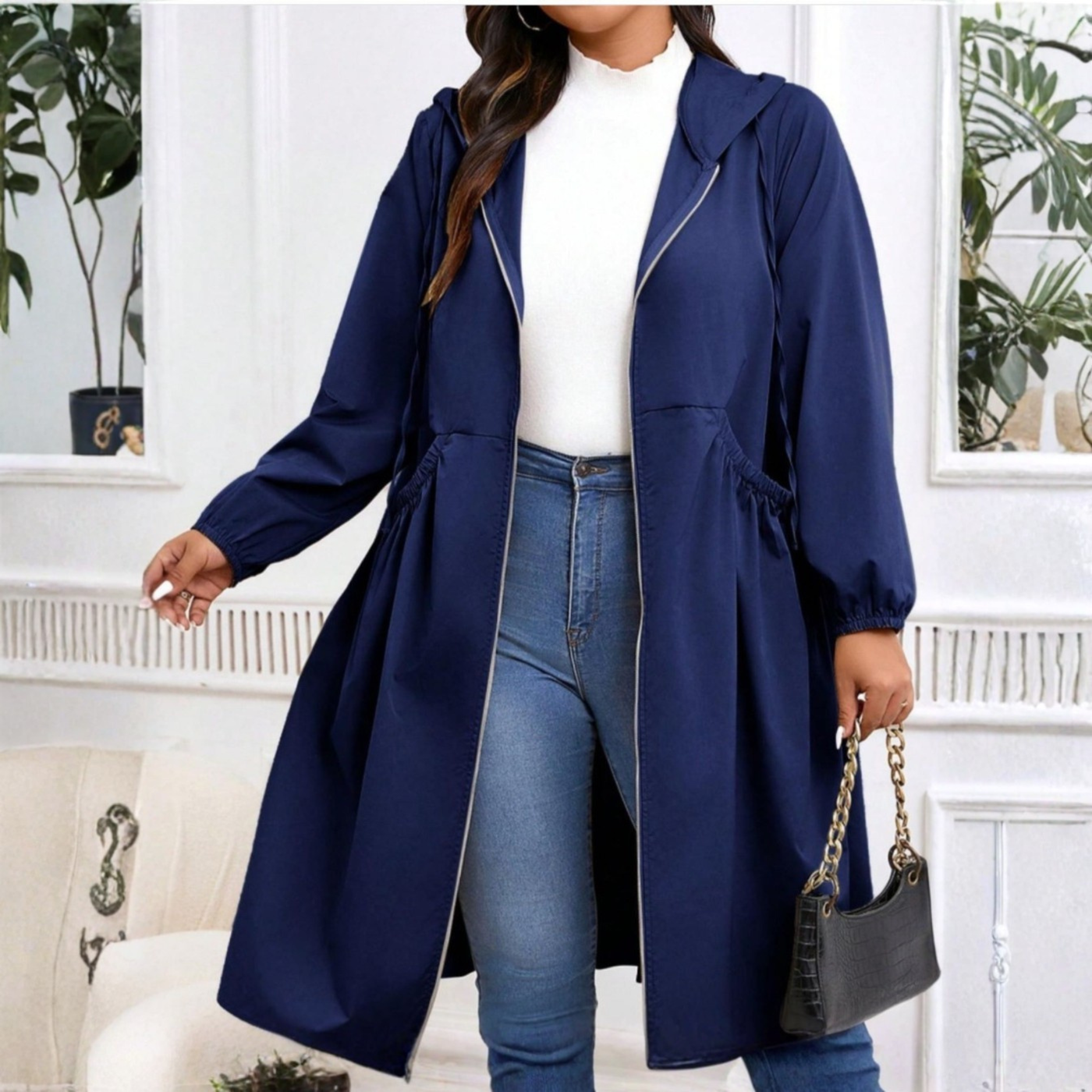 Alice | Avril - Casual Plus Size Drawstring Zip-Up Long Sleeve Hooded Coat