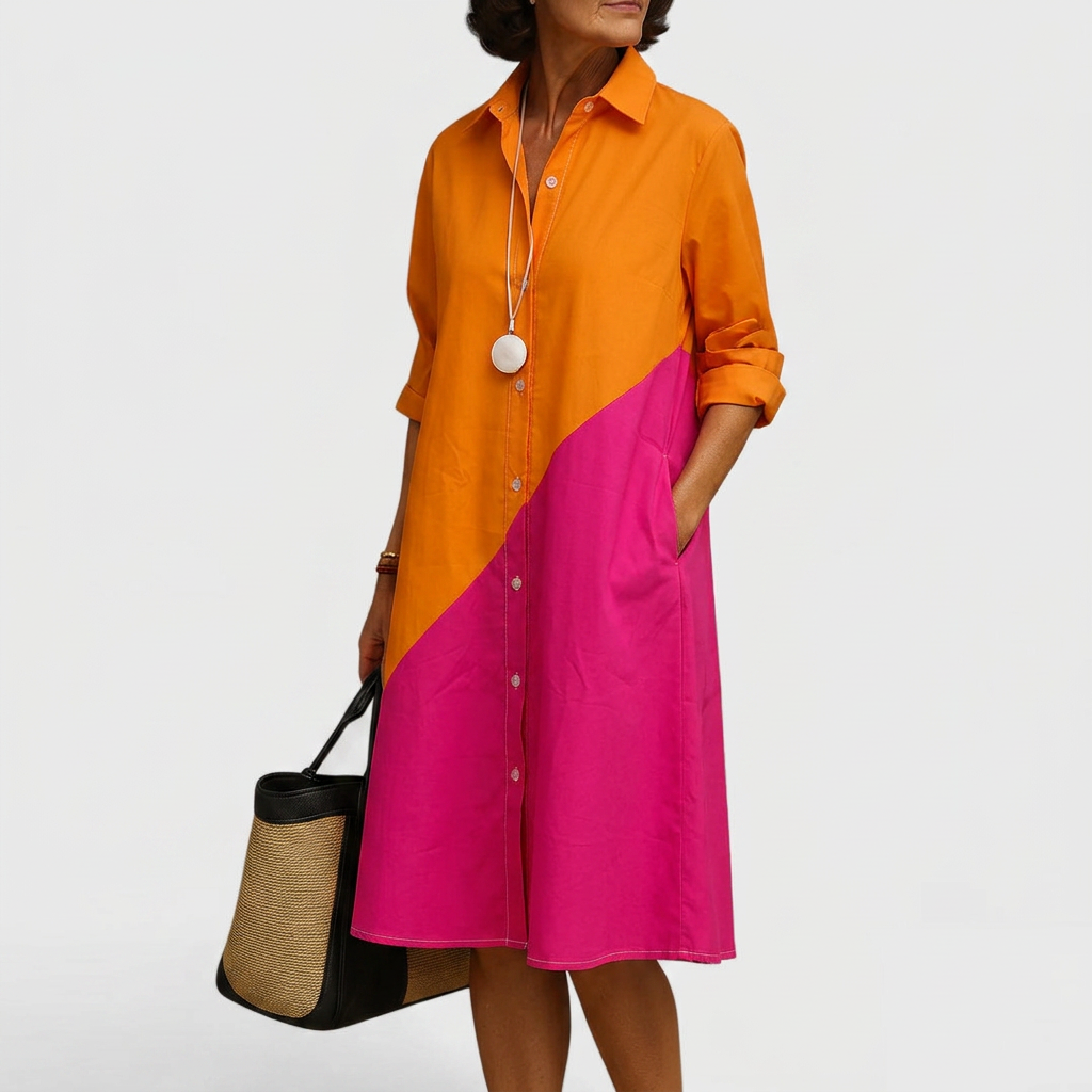 Alice | Women's Colorblock Button-Front Shirt Midi Dress with Pockets