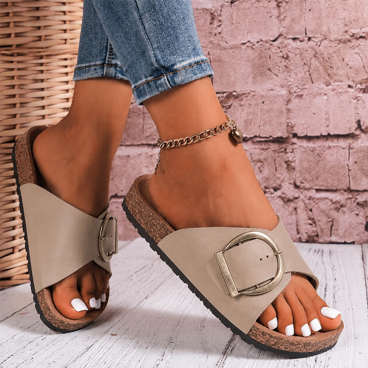 Alice | Oversized Buckle Cork Slide Sandals