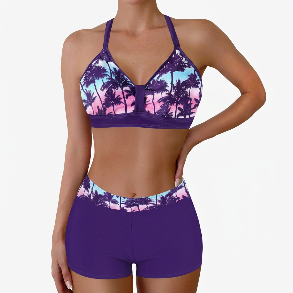 Alice | Women’s Tropical Palm Print Halter Bikini with Boyshorts