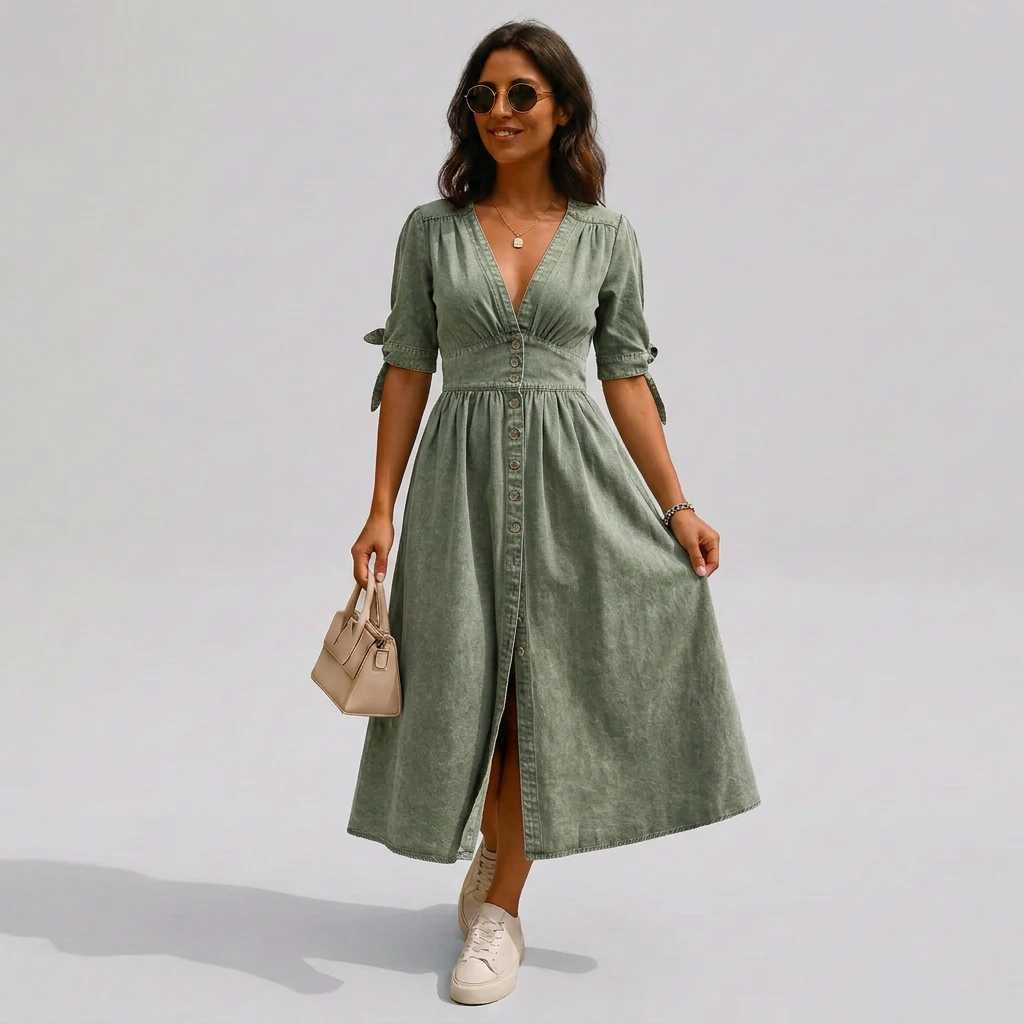 Alice | Button-Front V-Neck Tie-Sleeve Midi Dress