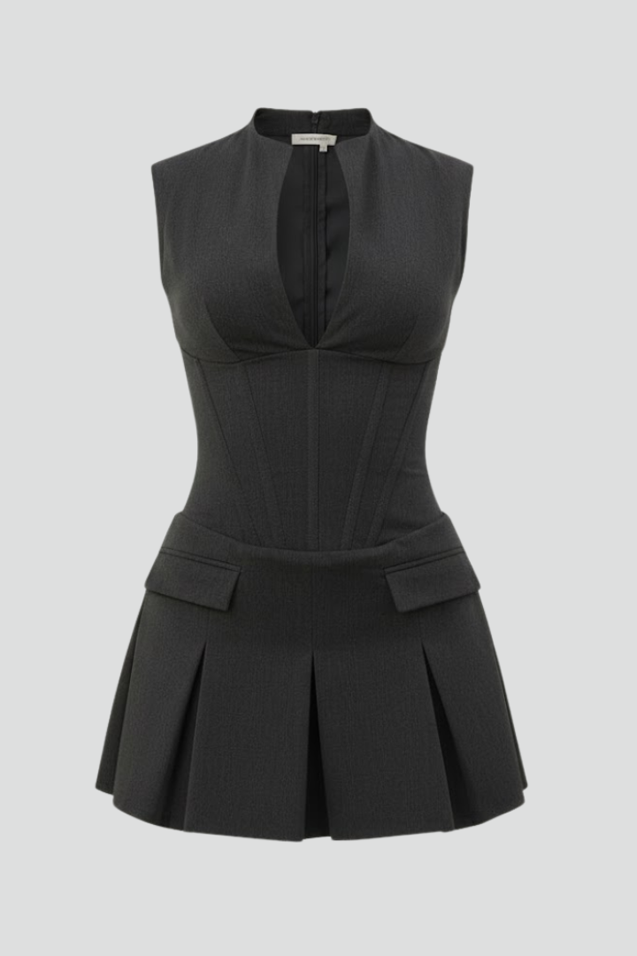 Alice | Women’s Pleated Skirt Mini Dress with Plunge Neck