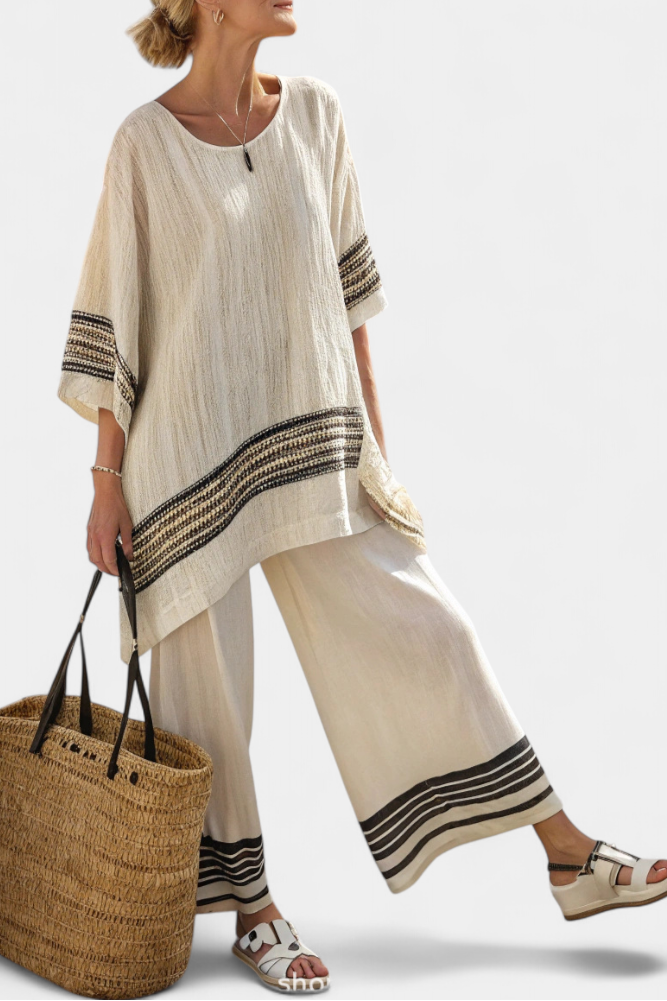 Alice | Elegant Black-Striped Linen Top & Flowing Trousers