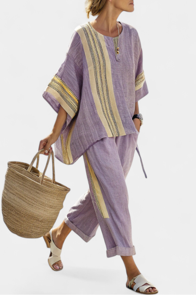 Alice | Elegant Lavender Top & Mustard Striped Trousers
