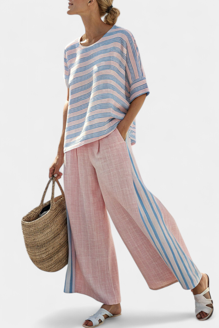 Alice | Elegant Pink-Blue Linen Blouse & Soft Trousers
