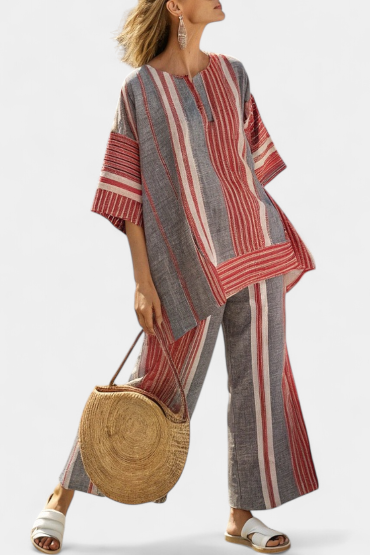 Alice | Elegant Coral-Grey Linen Top & Wide-Leg Trousers