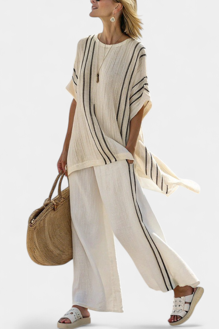 Alice | Elegant Ivory Linen Blouse & Black Striped Trousers