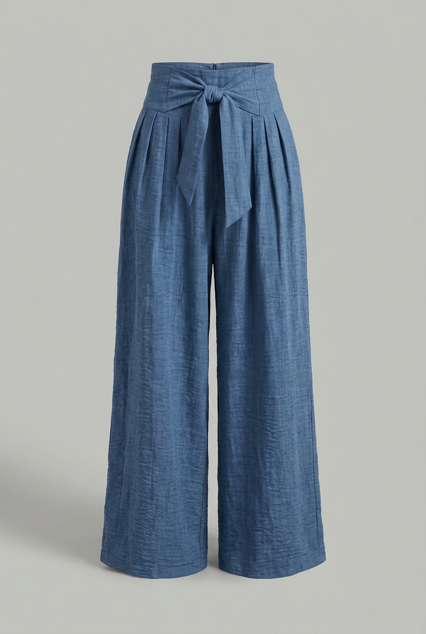 Alice | Women’s High-Waisted Palazzo Trousers with Bow Tie Belt and Pleated Wide Legs