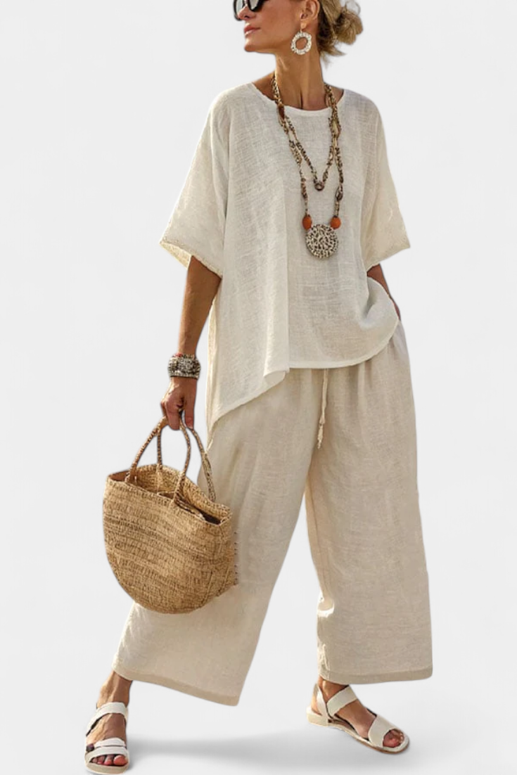 Alice | Comfortable Minimalist Raw Blouse & Wide-Leg Trousers