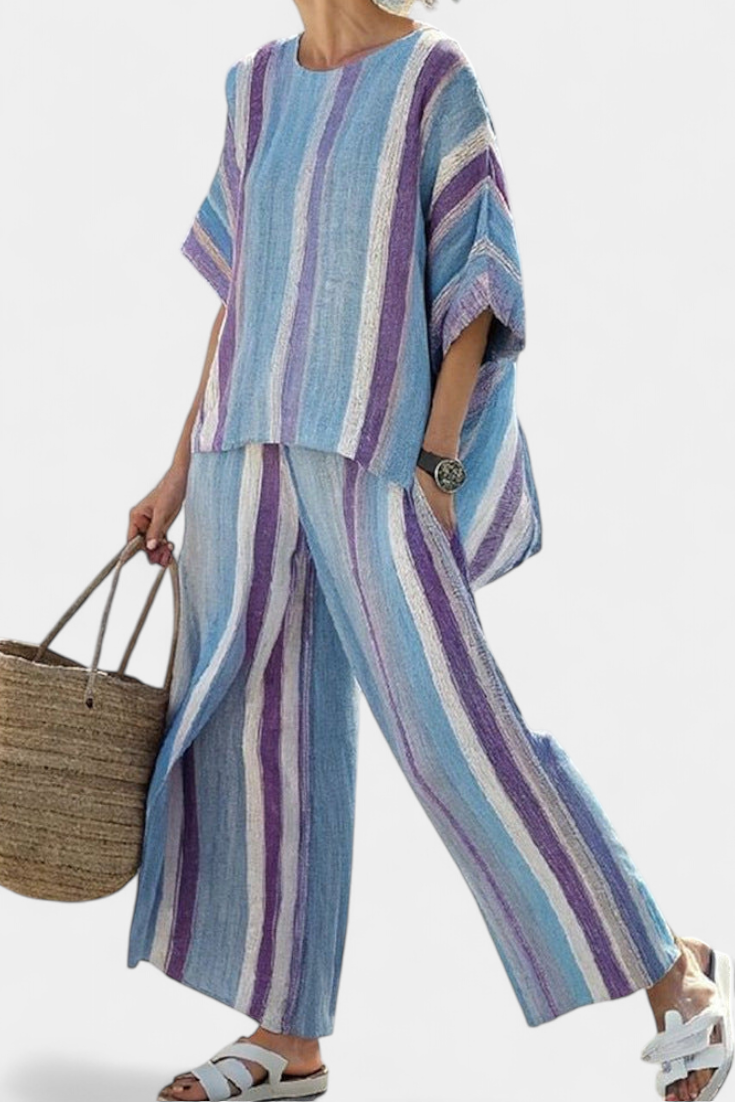 Alice | Elegant Mauve Pastel Top & Striped Linen Trousers