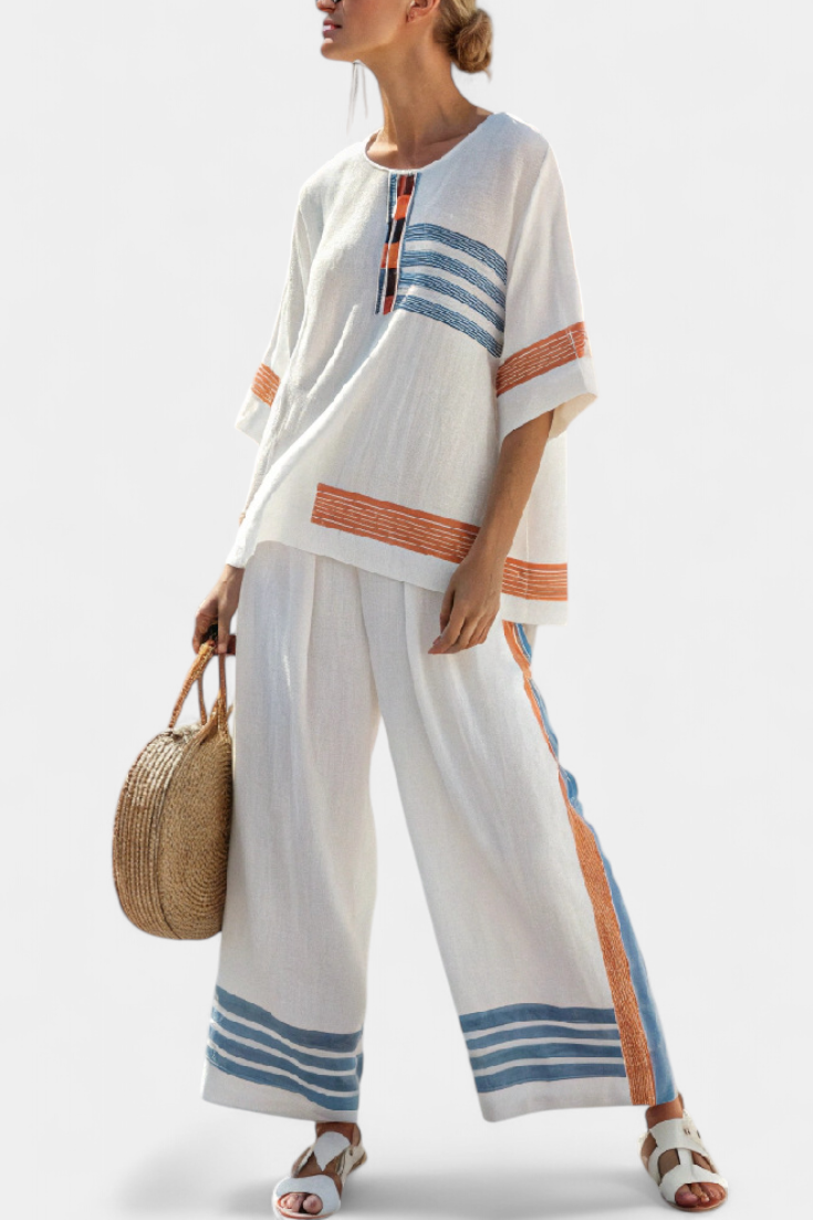 Alice | Sophisticated Blue-Orange Striped Top & Trousers