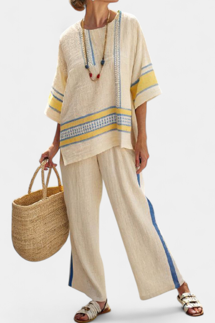 Alice | Comfortable Blue-Yellow Mediterranean Top & Linen Trousers