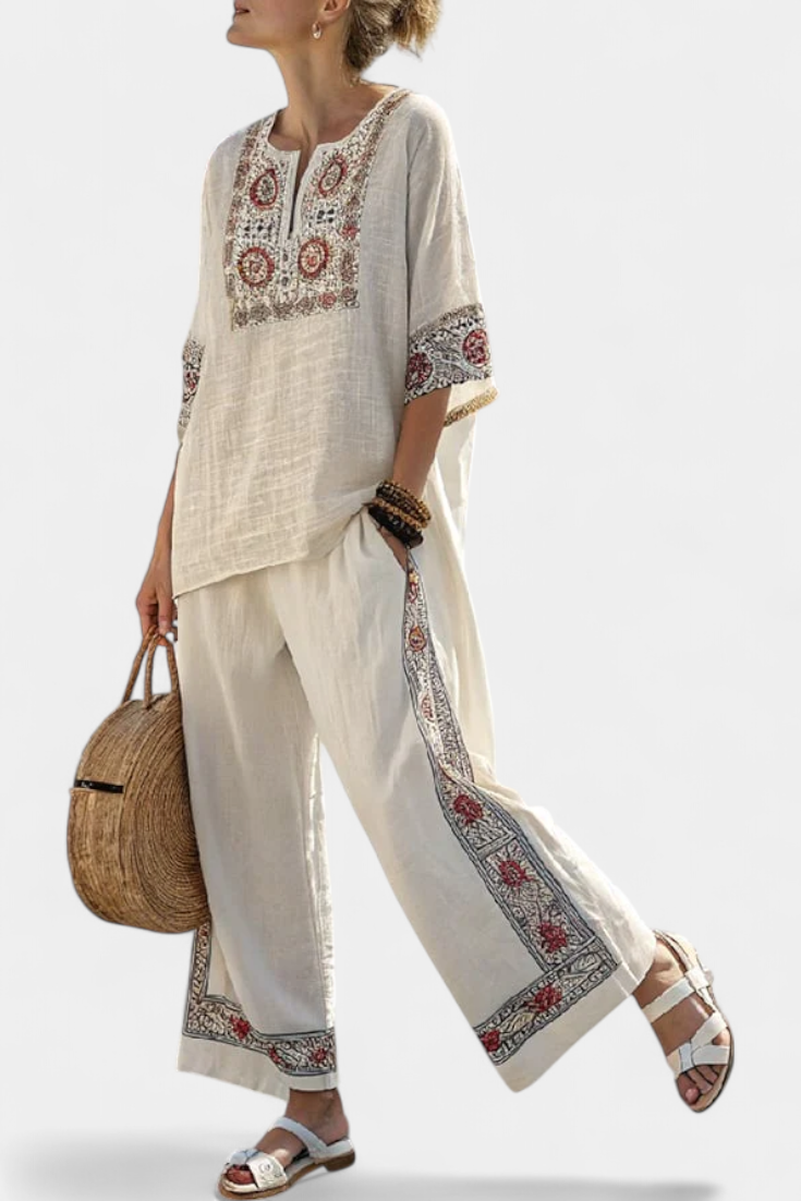 Alice | Sophisticated Embroidered Raw Blouse & Wide Trousers