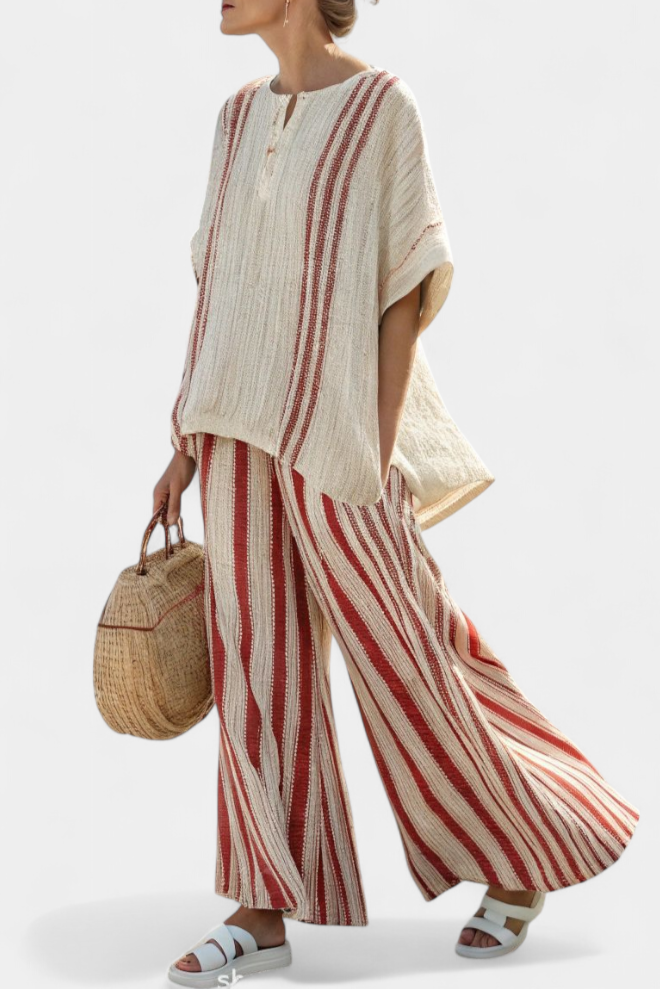 Alice | Sophisticated Textured Red-Stripe Top & Linen Trousers