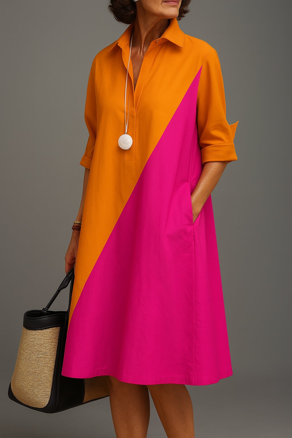 Alice | Midi Dress Diagonal Colourblock Cotton Collared V-Neck