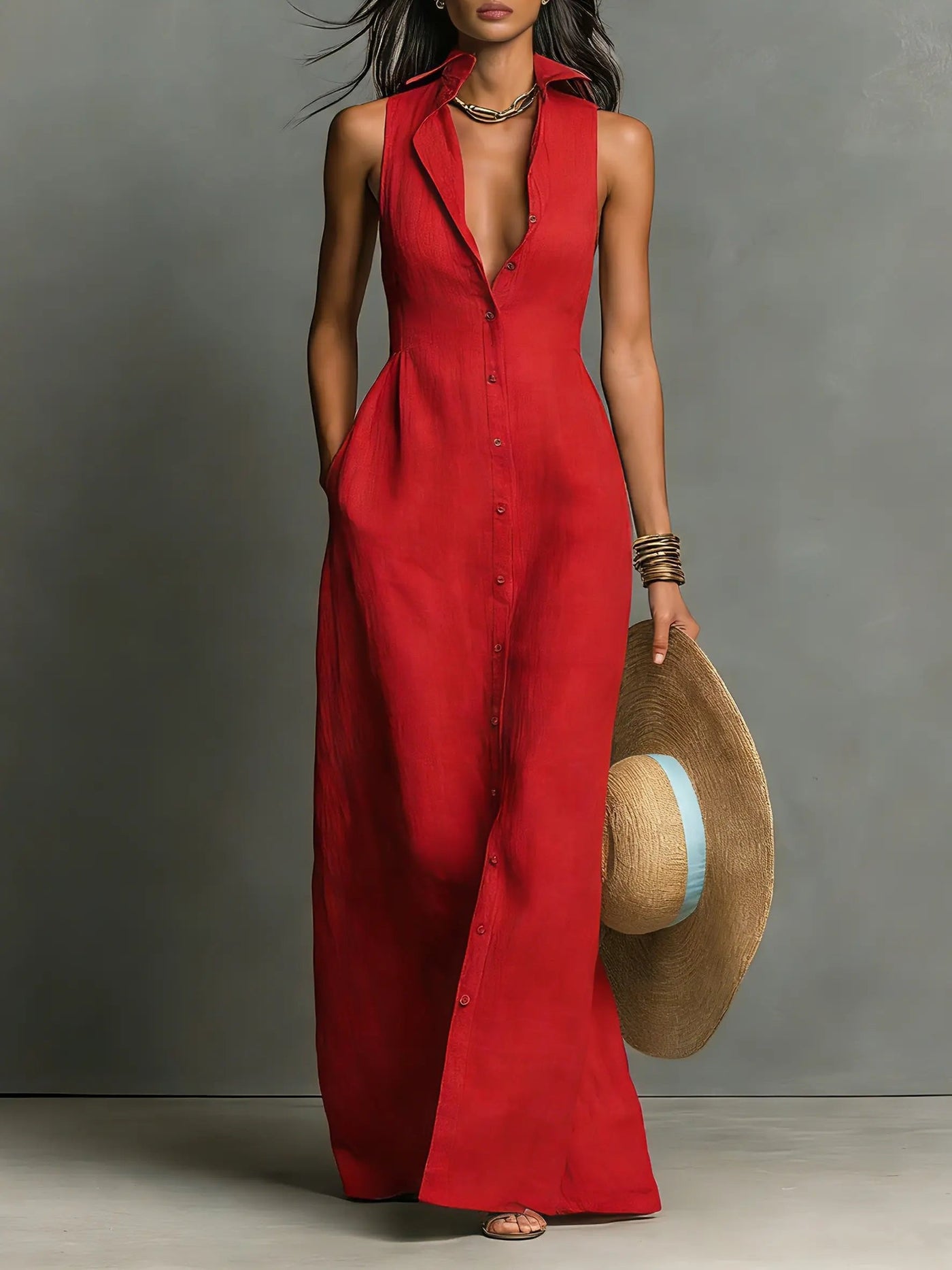 Alice | Women's Sleeveless Collared Linen Button-Front Maxi Dress