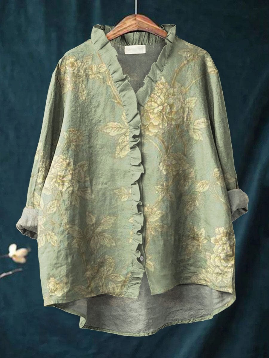 Alice | Women's Vintage Floral Linen Ruffle-Neck Blouse