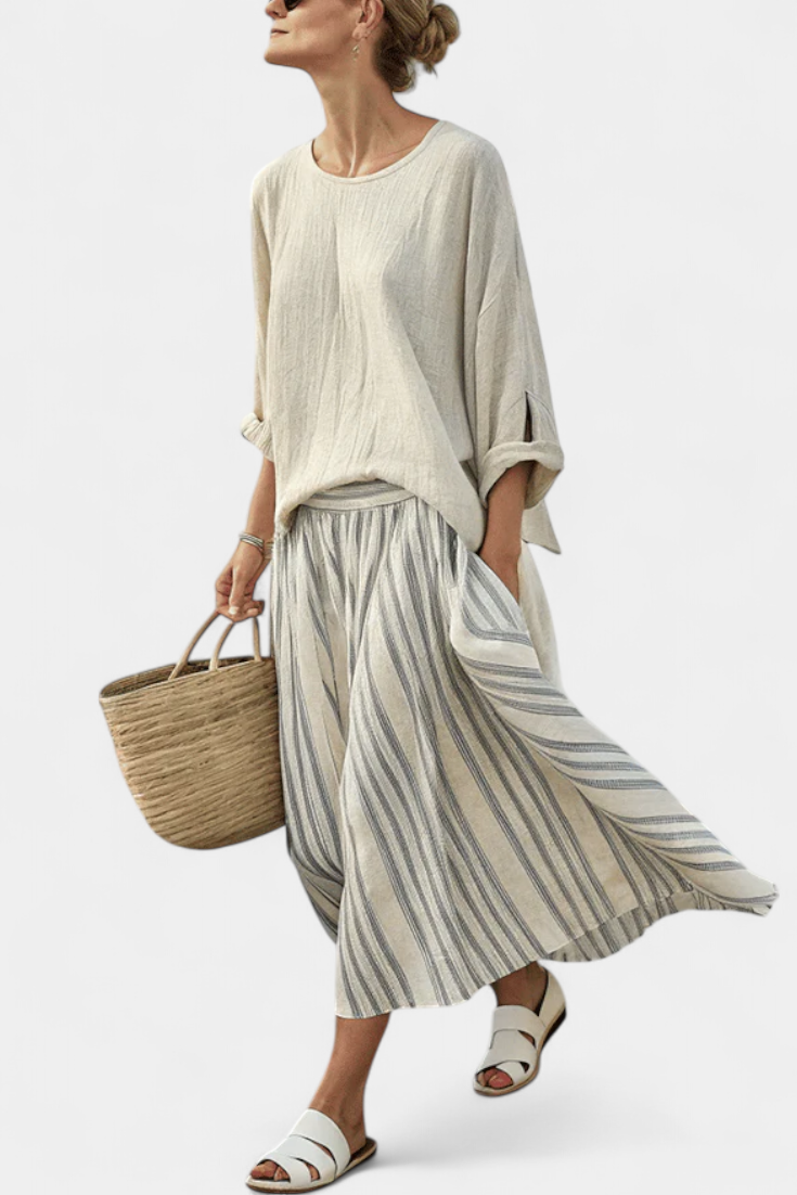 Alice | Comfortable Loose Blouse & Striped Midi Skirt