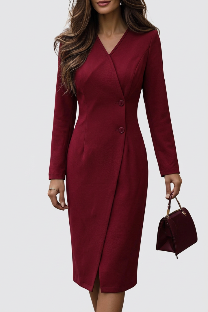 Alice | Burgundy Wrap-Style Buttoned Midi Dress