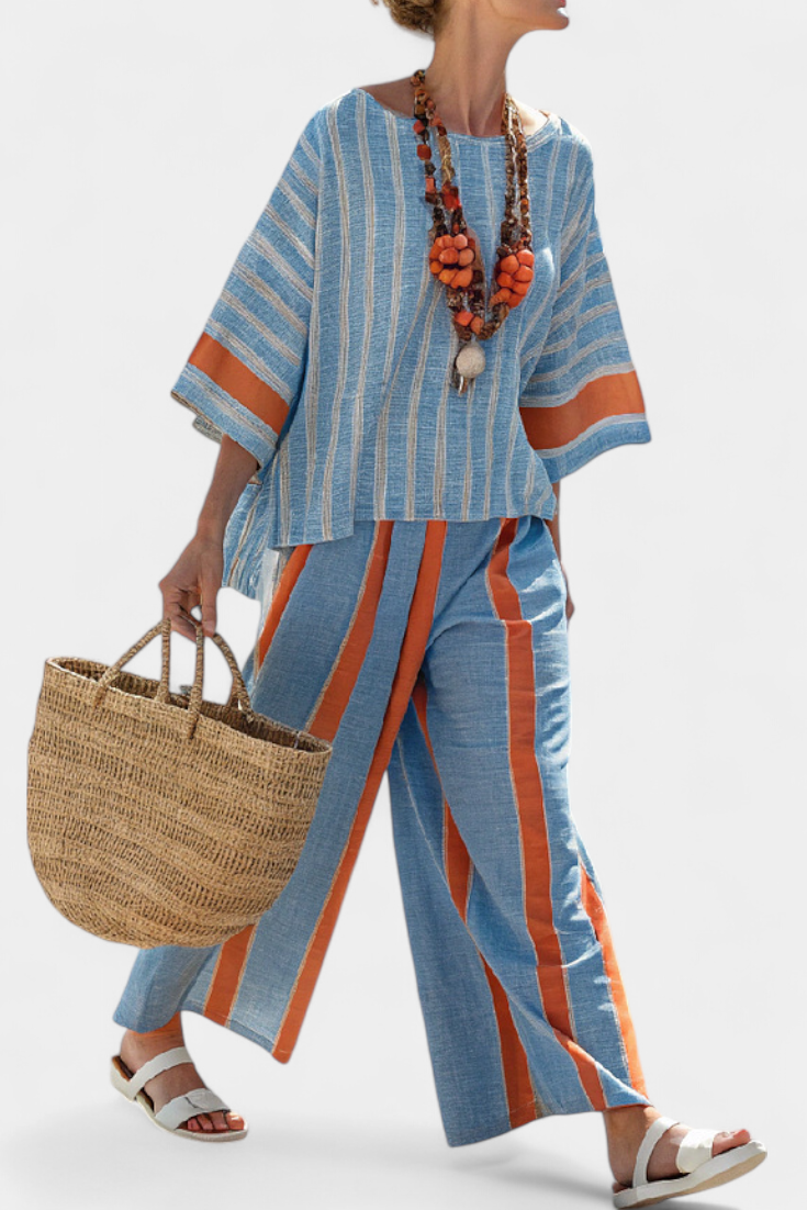 Alice | Sophisticated Terracotta Striped Top & Linen Trousers
