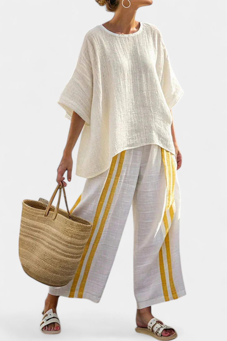 Alice | Elegant Yellow Striped Linen Top & Wide-Leg Trousers