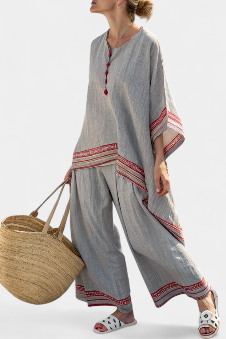 Alice | Sophisticated Asymmetrical Blouse & Ethnic Wide-Leg Trousers