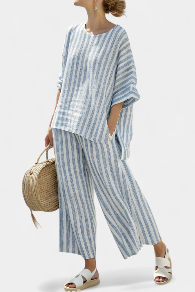 Alice | Sophisticated Blue Striped Linen Top & Relaxed Trousers