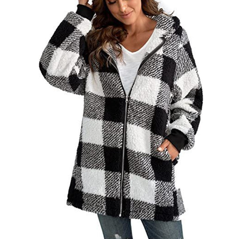 Alice | Arabella - Plaid Fleece Long Sleeve Hooded Coat