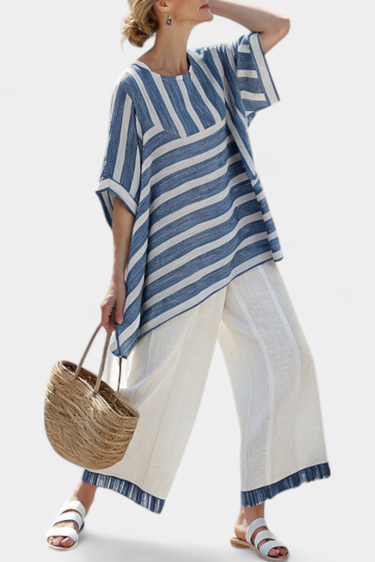 Alice | Sophisticated Blue Striped Top & Hem-Detailed Trousers