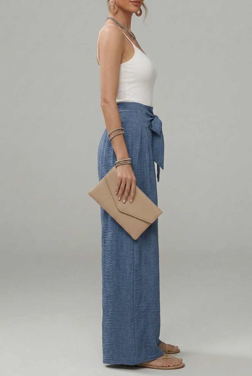 Daisy | Women’s High-Waisted Palazzo Trousers with Bow Tie Belt and Pleated Wide Legs