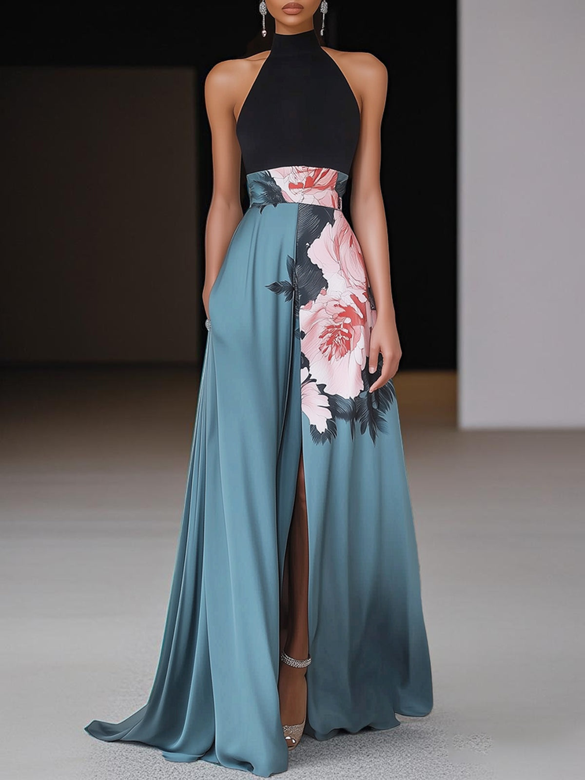 Alice | Women’s Chic Slit Floral Classic Crew Neck Sleeveless A-Line Maxi Dress