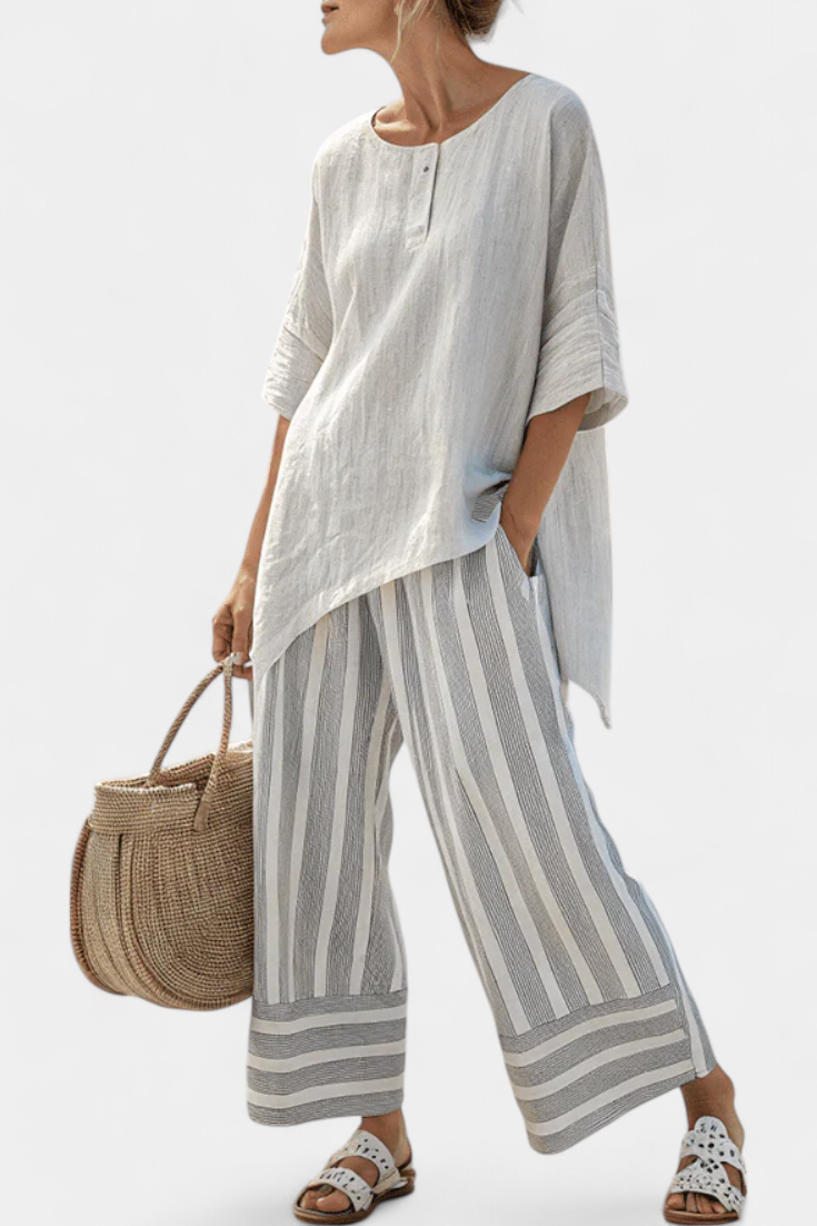 Alice | Elegant Asymmetrical Blouse & Striped Trousers