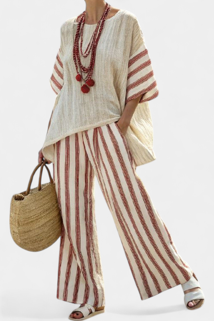 Alice | Elegant Rustic Striped Top & Cream Linen Trousers