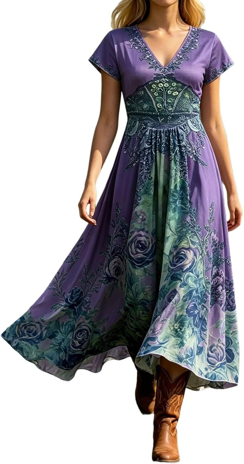 Alice | Women's V-Neck Short Sleeve Floral Maxi Dress