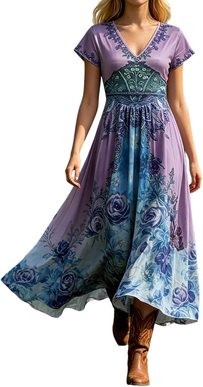 Sophia | Women's V-Neck Short Sleeve Floral Maxi Dress