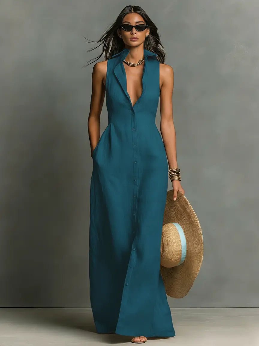 Elowen | Women's Sleeveless Collared Linen Button-Front Maxi Dress