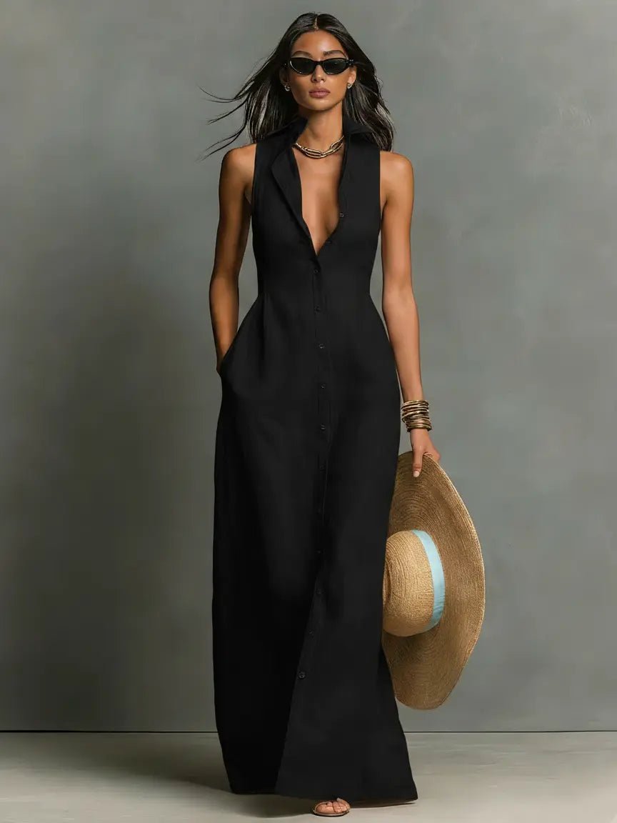 Elowen | Women's Sleeveless Collared Linen Button-Front Maxi Dress